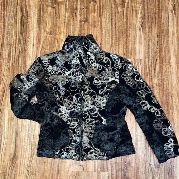 Kello women’s sweater Large jacket wool blend zip flower pattern black grey tan - Picture 2 of 11